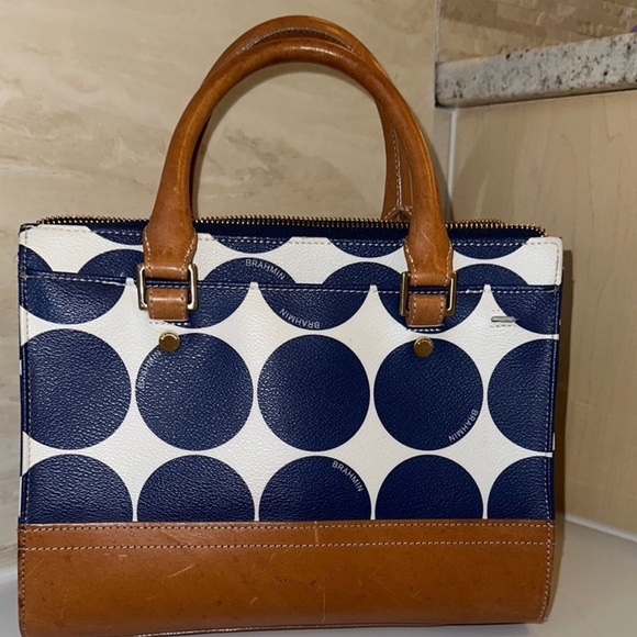 ✨ Like New Brahmin Luxury Leather Satchel Navy & White - Picture 3 of 6